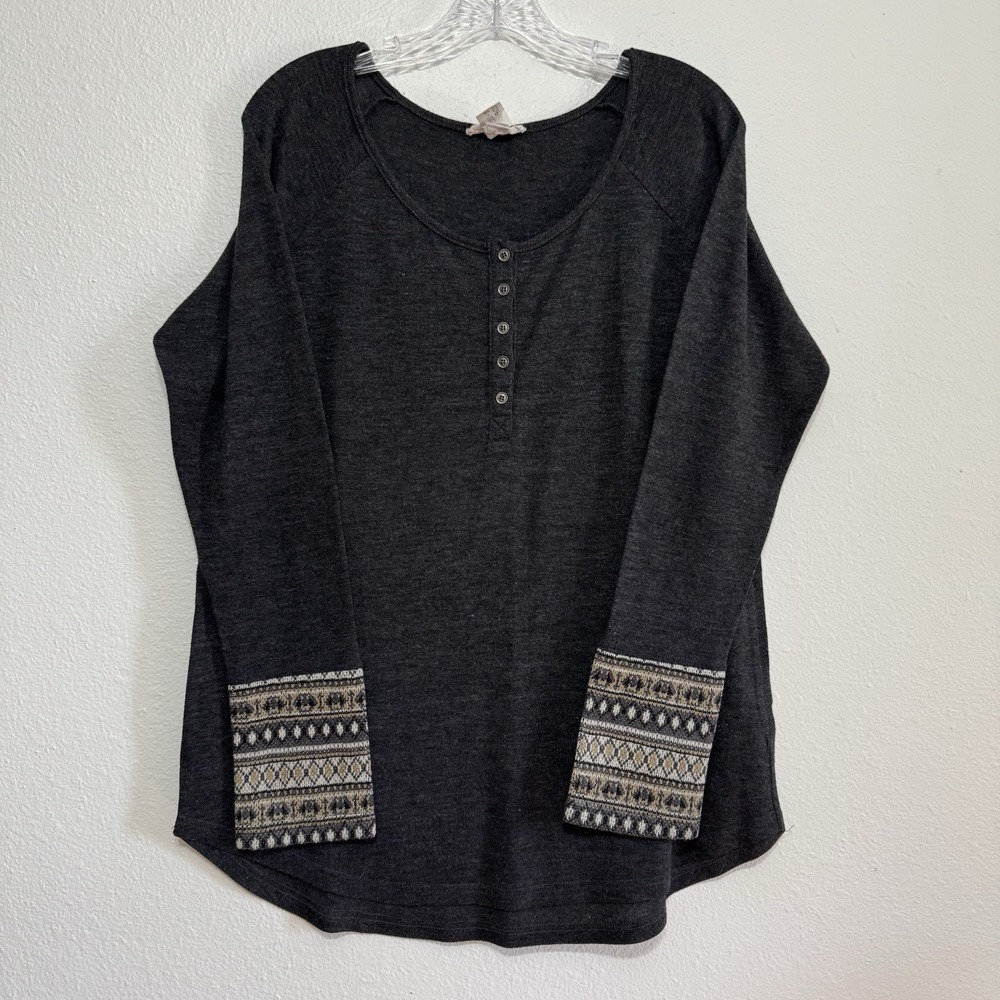 Loveriche Charcoal Gray Long Sleeve Henley Shirt Womens‎ Size L FairIsle Sleeve